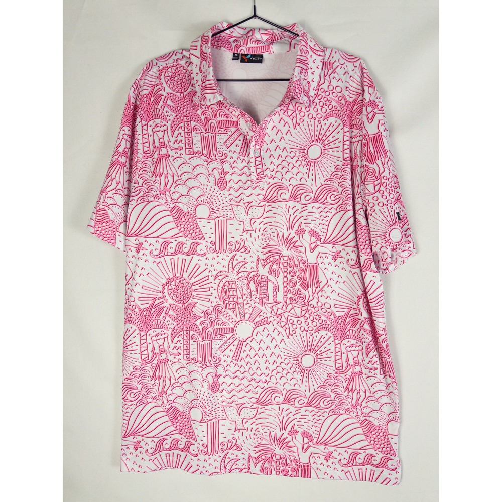Yatta Golf Polo Shirt Mens XL White Pink Abstract Print Allover Short Sleeve Res